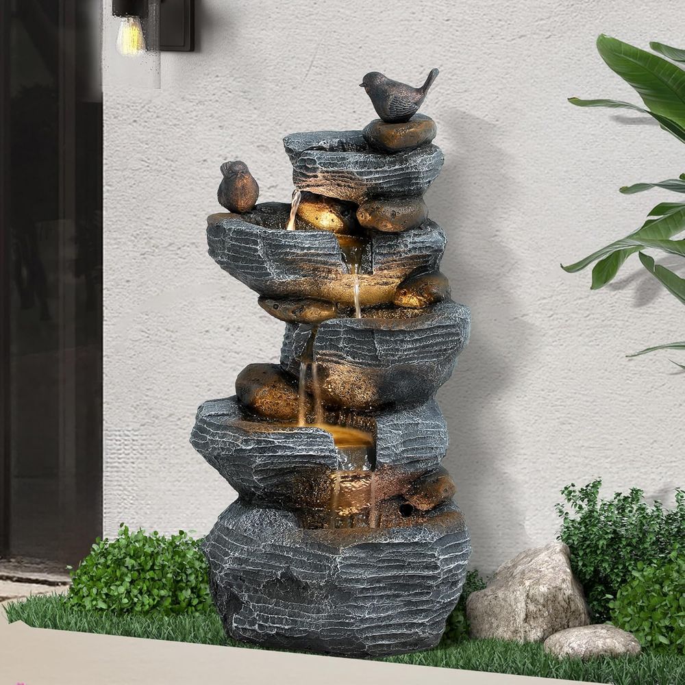 Multi-Tiered Rock Waterfall Fo - Outdoor Lighting For Backyard reseña y precio