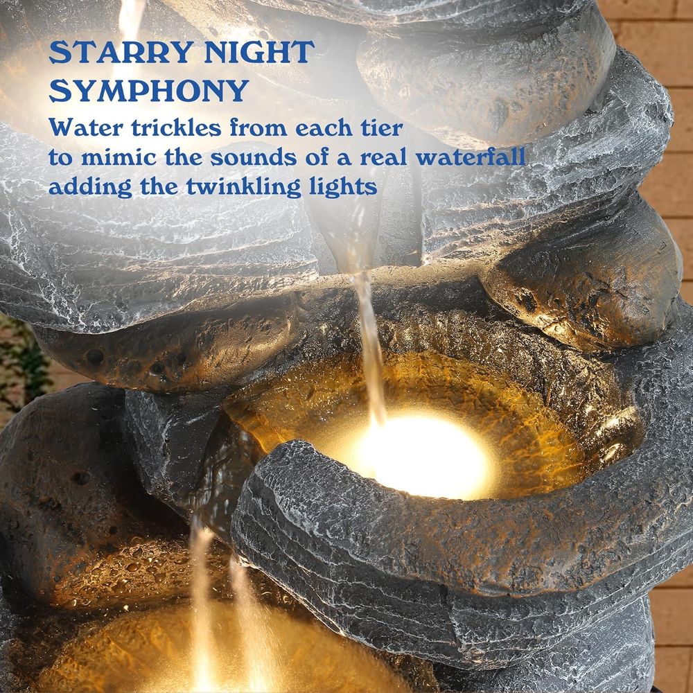 Multi-Tiered Rock Waterfall Fo - Outdoor Lighting For Backyard reseña y precio